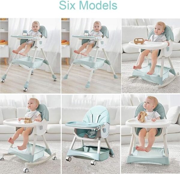 Silla mecedora con babero, vaso entrenador y plato de comida