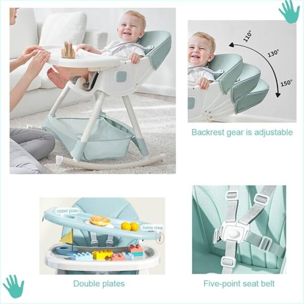 Silla mecedora con babero, vaso entrenador y plato de comida