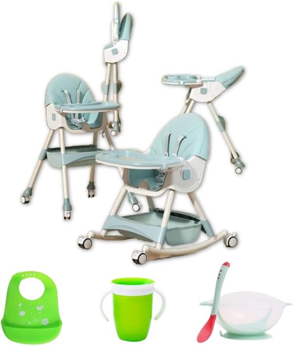 Silla mecedora con babero, vaso entrenador y plato de comida