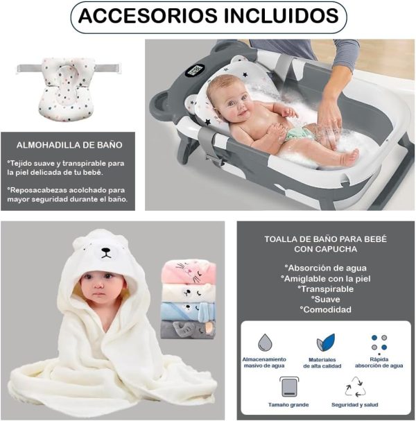 Bañera Plegable para Bebe, Tina de Baño para Bebe con toalla para secar, Cojín Antideslizante y Pantalla de Temperatura, Bañera de Viaje Portátil para Recién Nacido