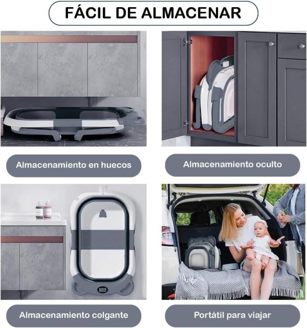 Bañera Plegable para Bebe, Tina de Baño para Bebe con toalla para secar, Cojín Antideslizante y Pantalla de Temperatura, Bañera de Viaje Portátil para Recién Nacido