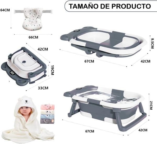 Bañera Plegable para Bebe, Tina de Baño para Bebe con toalla para secar, Cojín Antideslizante y Pantalla de Temperatura, Bañera de Viaje Portátil para Recién Nacido