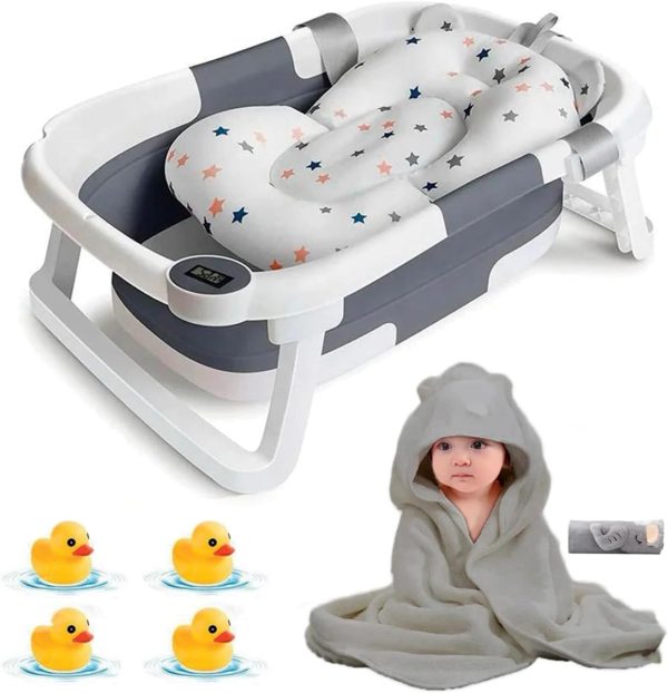 Bañera Plegable para Bebe, Tina de Baño para Bebe con toalla para secar, Cojín Antideslizante y Pantalla de Temperatura, Bañera de Viaje Portátil para Recién Nacido