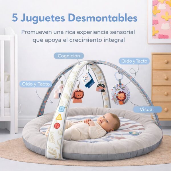 Gimnasio para Bebé, gimnasio de actividades Sensorial y de Estimulación temprana, Tapete de Actividades con Luces, Música, Arcos y Juguetes Colgantes