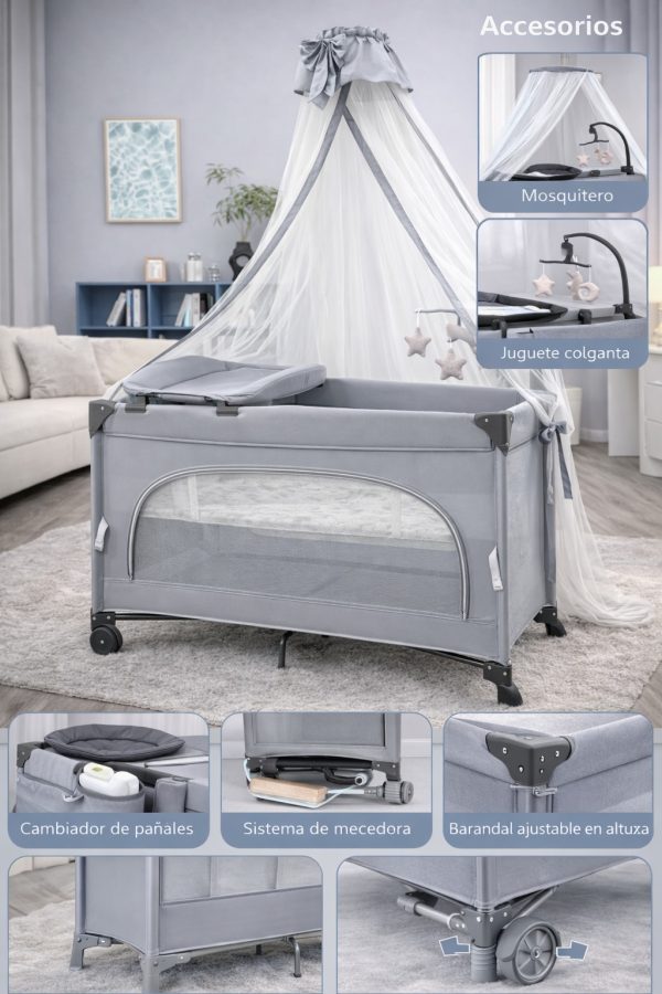 Pekids Cuna para bebé, Cuna colecho, con mosquitero Cama de bebé, portátil, Ajustable, versátil, Varios Modos de Uso, inversión a Largo Plazo (Gris Claro, 125 * 65 * 78 cm)